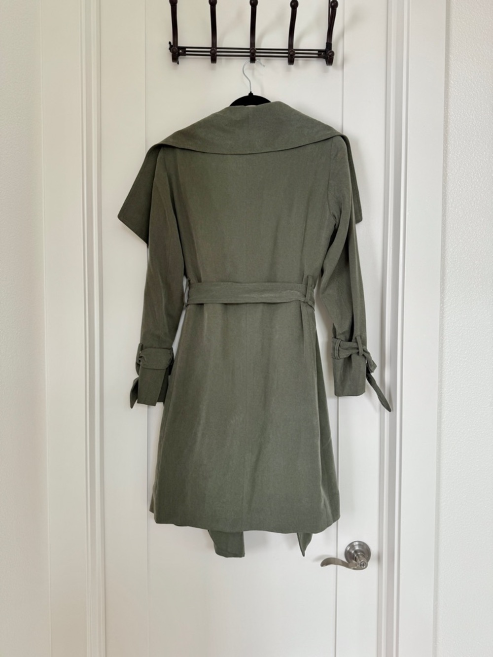 Club Monaco Olive Waterfall Trench Coat with Tie Sleeves - Picture 4 of 8